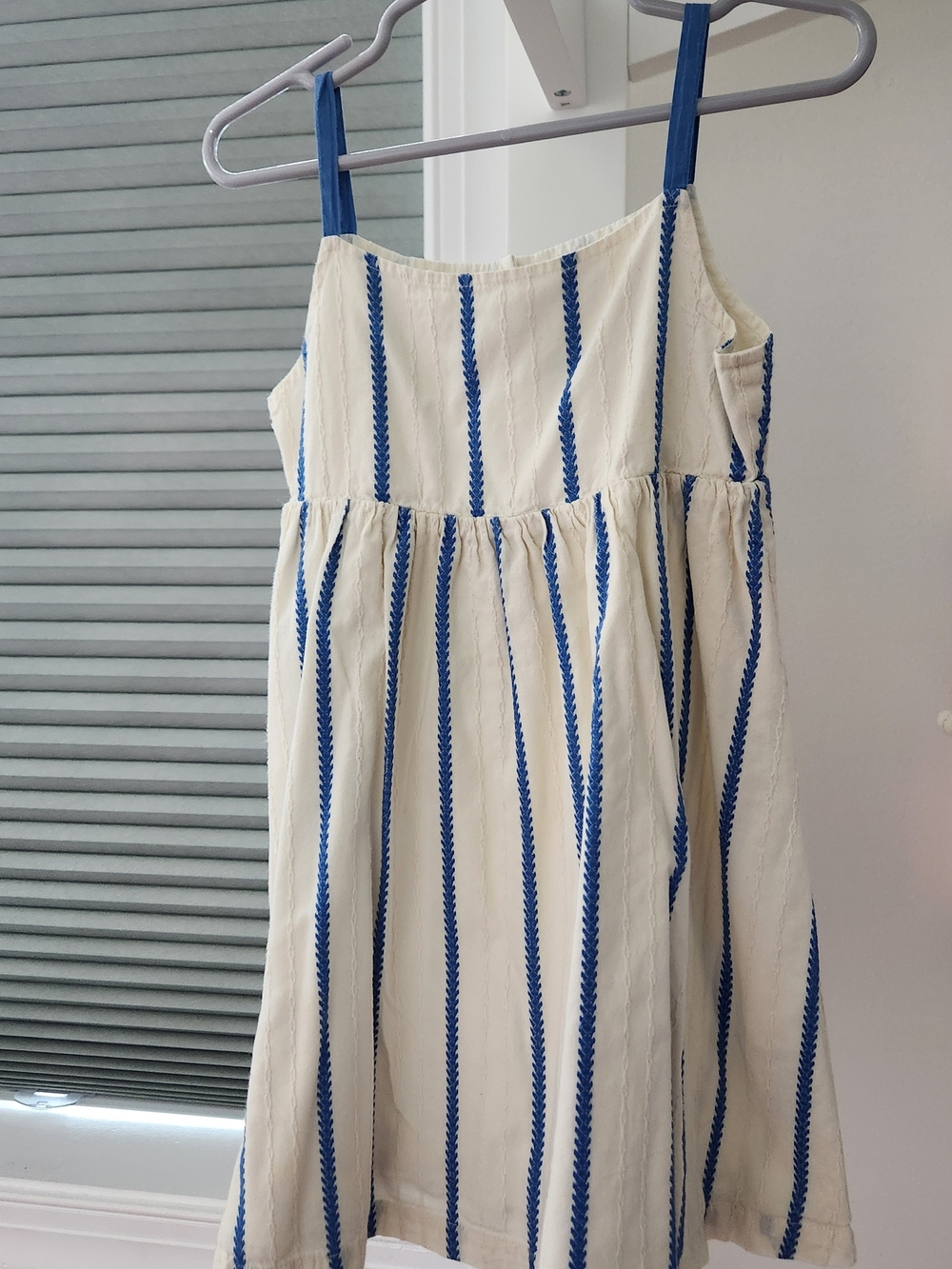 Mini Boden Cream Dress with Blue Stripes and Keyhole Back